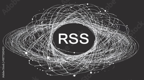 Abstract RSS Feed Technology Concept with Network Connections, Data Flow, and Digital Communication on Dark Background