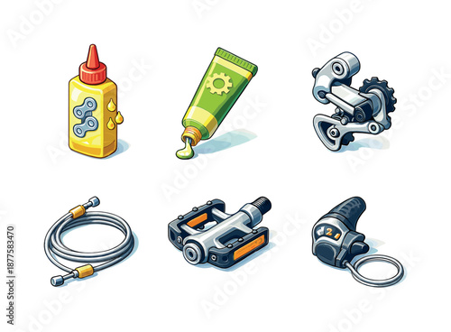 Bicycle Repair Icons. Lubrication & Adjustment. Isometric flat vector icons set of Fixing a Bicycle: chain oil bottle, grease tube, derailleur, brake cable,