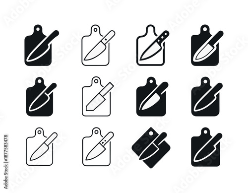 Meal Prep Icons. Meal prep. Icon set. Set Logo of meal prep: chopping board with knife. harmonious logo variations of the same emblematic concept, each with