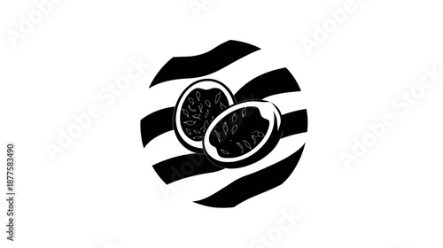 Black and white illustration of two fruit halves, encircled by striped design