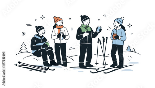 Cross-Country Skiers Rest. Group cross-country skiing rest break. Skiers stopping to rest, talk, and drink from thermoses. Cozy pause and shared warmth in a