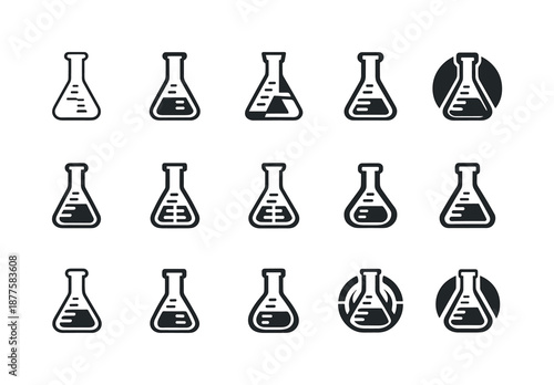 Volumetric Flasks Icons. volumetric flasks. Icon set. Set Logo of volumetric flasks: flask with measurement marks. harmonious logo variations of the same