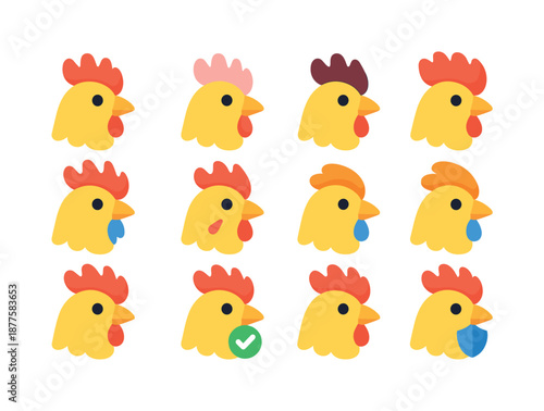 Poultry Health Icons. Poultry health. Colorful flat vector icons set of Poultry health: healthy comb, pale comb, dark comb, swollen comb, frostbitten comb,