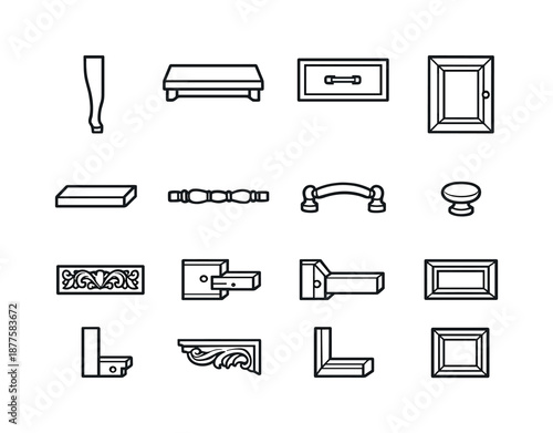 Handcraft Furniture Icons. Handcraft furniture elements. Line icon set of Handcraft furniture elements: chair leg, table top, drawer front, cabinet door, shelf