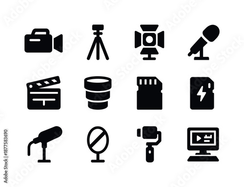 Video Production Icons. Video production tools. Solid icon set of video production tools: video camera, tripod, lighting lamp, microphone, clapperboard, lens,