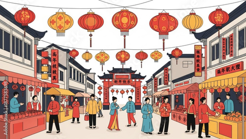 Vibrant chinese street scene with people shopping and walking under colorful red and yellow lanterns in traditional festival setting