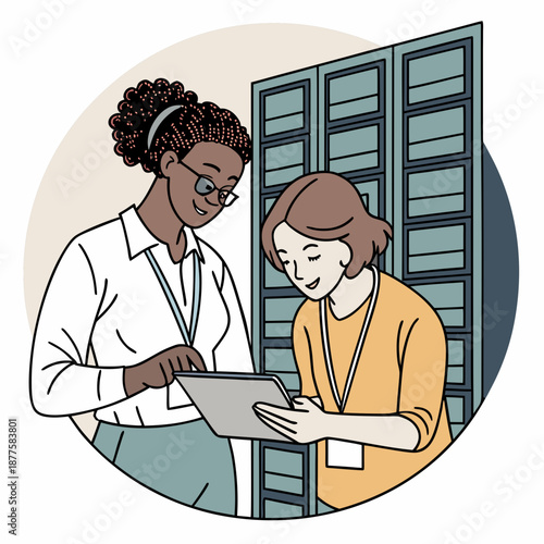 Two female professionals collaborating and discussing data on a digital tablet. An illustration depicts two smiling female professionals engaged in a focused discussion, both wearing ID badges around 