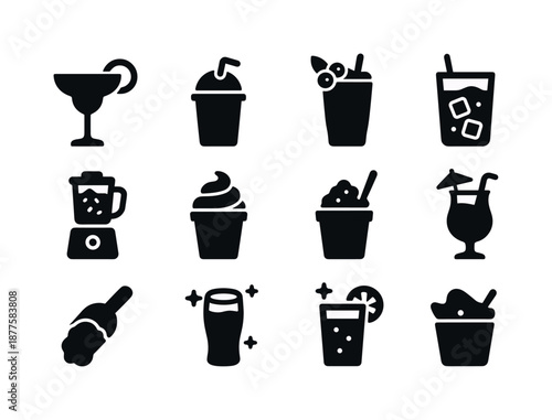 Frozen Drink Icons. Frozen party drinks. Solid icon set of frozen party drinks: frozen margarita, slush cup, blended berry drink, frozen lemonade, ice blender,