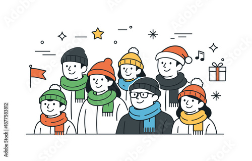 Winter Parade Gathering. People at holiday parade crowd. People standing together with scarves and hats, looking forward. Cozy winter mood and calm festive