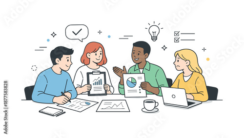 Teamwork Collaboration Scene. Office meeting collaboration. Team reviewing documents and graphs together at a shared table. Calm productive exchange focused on