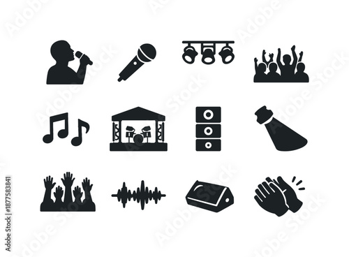 Concert Icons Silhouette. Singing at live performances and concerts. Solid icon set of Singing at live performances and concerts: singer silhouette,