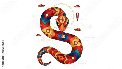 Vibrant colorful snake with geometric patterns and festive decorations on white background for celebration