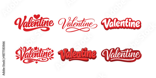 Valentine Lettering Variations. Red Valentine lettering. Set lettering. harmonious lettering variations of the same emblematic concept, each with different