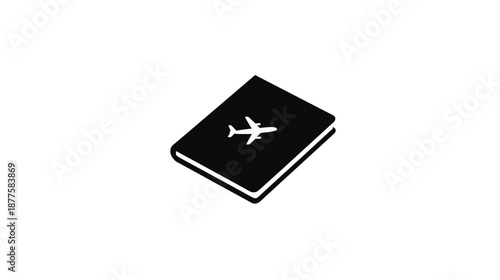 A black icon of a passport, the cover displaying a white airplane. The background is white