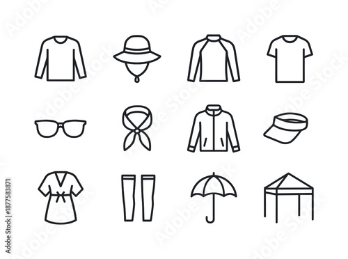 Sun Safety Icons. Applying sunscreen. Line icon set of sun safety clothing: long sleeve shirt, UV-protective hat, rash guard, swim shirt, sunglasses icon, neck