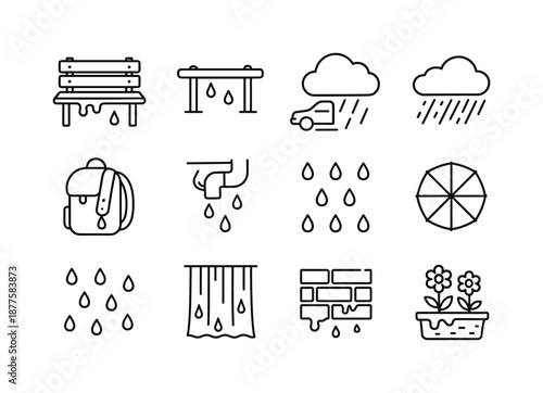 Rainy Day Icons. Rainy Day. Line icon set of rainy day: dripping bench seat, wet handrail, splash from car tire, cloud with sideways rain, damp backpack strap,