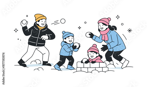 Family Snowball Fun. Snowball fight family time. Parents and children playing together in the snow. Shared laughter, bonding and winter memories. Minimalist