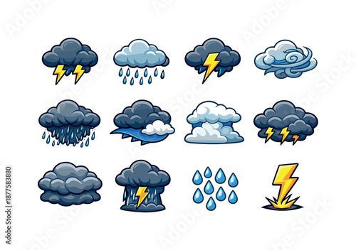 Stormy Cloud Icons. stormy clouds. Colorful isometric vector icons set of stormy clouds: dark thundercloud, rain cloud, lightning bolt cloud, swirling wind