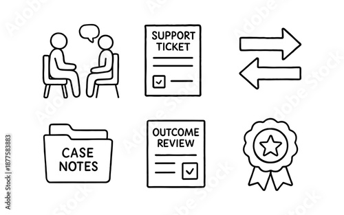 Hand-drawn business icons set featuring support ticket and outcome review