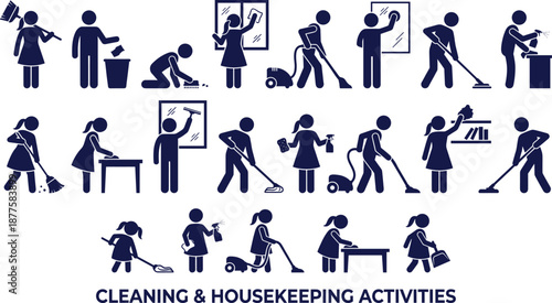 Cleaning service icon set showing housekeeping activities vacuuming mopping washing windows isolated blue people vector illustration collection