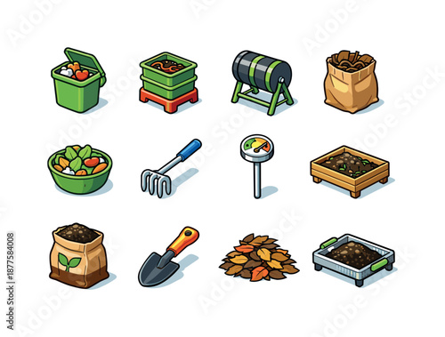 Urban Composting Icons. Urban composting. Colorful isometric vector icons set of urban composting: kitchen scraps bin, worm farm, compost tumbler, brown