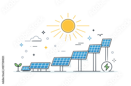 Solar Steps Forward. Solar Power Growth. Symbolic illustration of solar panels arranged like rising steps with sun rays above, expressing progress, optimism,