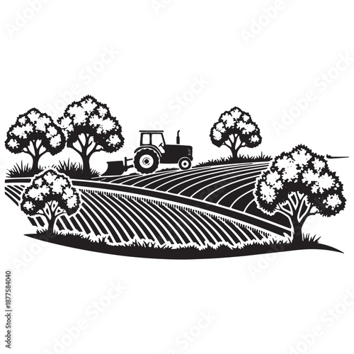 Tractor plowing field isolated on white background, Vector, illustration