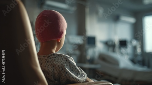 A young child wearing a pink head covering sits in a hospital room looking out a window. The child appears to be receiving treatment for leukemia or another type of cancer