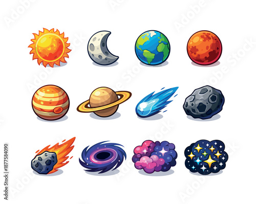 Celestial Icons Grid. Celestial bodies. Colorful isometric vector icons set of celestial bodies: sun, moon, earth, mars, jupiter, saturn, comet, asteroid,