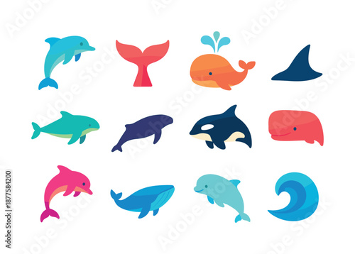 Whale and Dolphin Icons. whales & dolphins. Colorful flat vector icons set of whales & dolphins: dolphin leap, whale fluke, blowhole spray, dorsal fin, fin