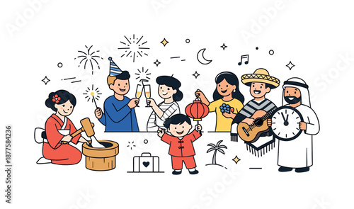 Global New Year Celebration. New Year around the world. People celebrating New Year traditions from different countries in one harmonious scene. Unity through