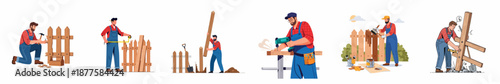 Steps for Fence Installation, Repair, and Maintenance: Carpenter Working on Picket Fence Construction, Measuring, Drilling, Painting, and Fixing.