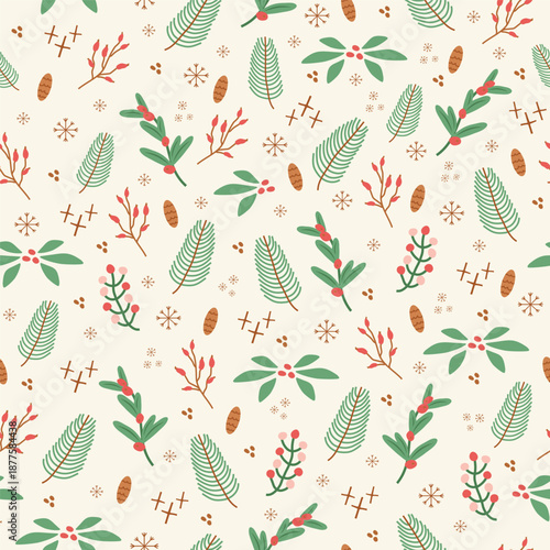 seamless pattern, cute illustration.  tree, branch, poinsettia, snow, simple  design. hand drawn doodles are isolated on a pink background. A trend for print, paper. vector art illustration