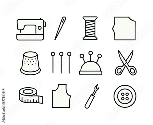Sewing Line Icons. Craft sewing. Line icon set of Craft sewing: sewing machine, needle, thread spool, fabric piece, thimble, pins, pin cushion, scissors,