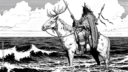 Fantasy warrior in horned helmet and cape rides an antlered steed through rough ocean waves in a dramatic black and white illustration.