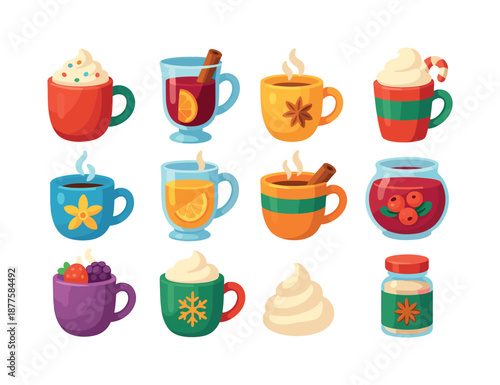 Winter Party Beverage Icons. Winter Party Drinks. Colorful flat vector icons set of Winter Party Drinks: hot cocoa mug, mulled wine cup, spiced