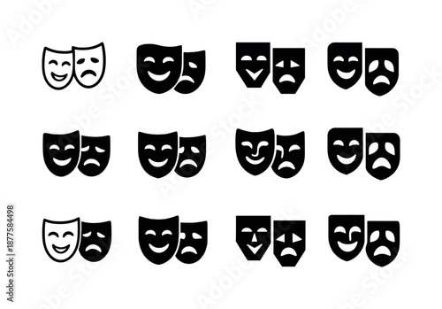 Theatrical Masks Icons. A live theater performance with actors wearing masks. Icon set. Set Logo of A live theater performance with actors wearing masks: dual