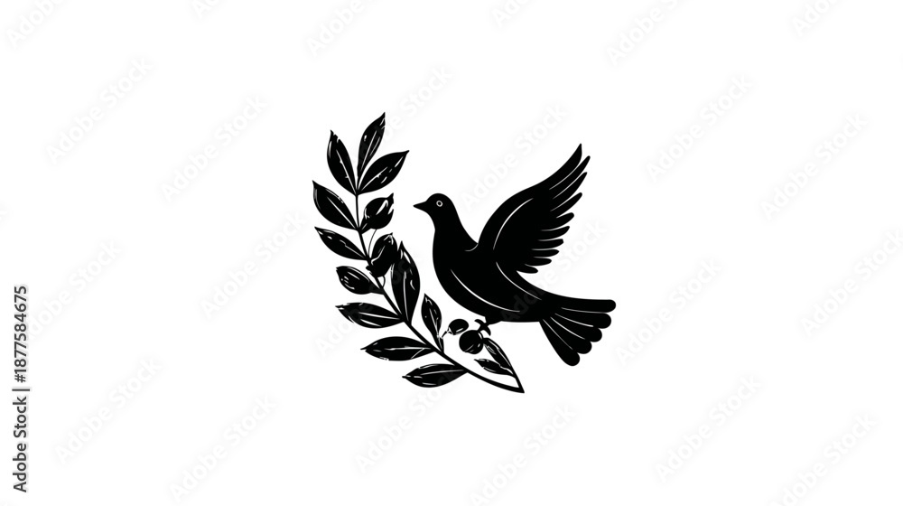 Fototapeta premium A stark black dove in flight next to a branch with leaves and small fruits on a white background