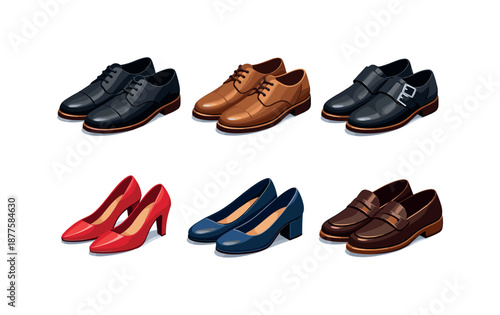 Stylish Shoe Icons. Formal Shoes. Isometric flat vector icons set of Formal Shoes: oxford shoes, derby shoes, monk strap shoes, pointed heels, block heel
