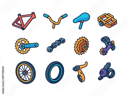 Colorful Bike Parts Icons. Bike parts. Colorful isometric vector icons set of bike parts: frame, handlebars, saddle, pedals, crankset, chain, cassette,
