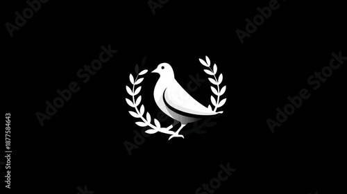 A white dove rests amidst a wreath of leaves on a solid black background, conveying a symbol of peace