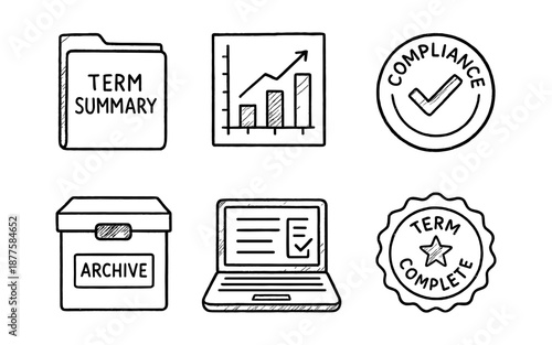 Hand-drawn business icons set featuring charts, compliance, and archives