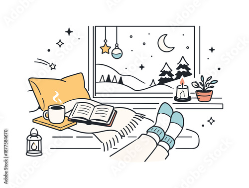 Cozy Winter Retreat. Winter cozy home scenes. Minimal interior illustration capturing a quiet winter afternoon indoors, with warm textiles and a book by the