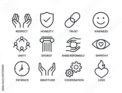 Family Values Icons. Building a family puzzle. Line icon set of family values: respect hands, honesty badge, trust link, kindness smile, unity circle, support