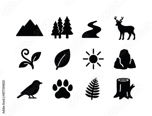 Wilderness Icon Set. Untouched wilderness. Solid icon set of untouched wilderness: mountain silhouette, dense forest, river icon, wild animal silhouette, vine,