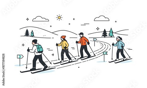 Winter Ski Trail. Group cross-country skiing trail. Skiers moving along a marked trail with trees and hills in the background. Steady progress and peaceful