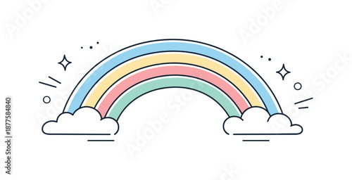 Rainbow in Clear Sky. First rainbow in clear sky. Editorial-style sky scene with a soft rainbow gently arching over a clear background, calm and uplifting