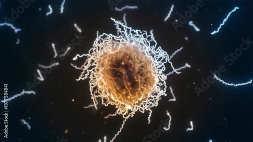 Lyme disease spirochetes floating in a liquid. Microscopic photo of a spirochete of Lyme disease bacteri. Lyme disease bacteria gather in one place in colonies surrounded by a biofilm.