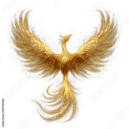 A resplendent golden phoenix, a symbol of renewal and transformation, takes flight with outstretched wings