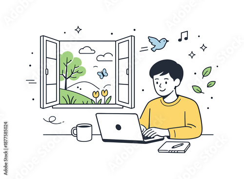 Spring Work-Life Harmony. Work-life balance in early spring. A person calmly working on a laptop near an open window with fresh air and soft spring elements